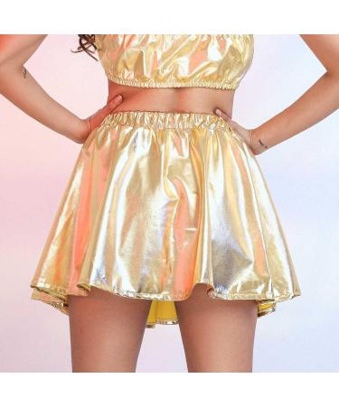 Flovel Ladies Shiny Fold Skirt - Liquid Metallic Mini Skater Party Costume for Women & Girls - Gold - Buy Online on GoSupps.com