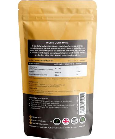 Lions Mane Supplement 4000mg with Vitamin B1 & Black Pepper 120 Vegan Tablets - Lion's Mane Mushroom 15:1 Extract UK Made for Mental Performance & Nervous System - Buy Online on GoSupps.com