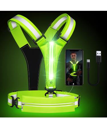 Ylzzrs LED Reflective Vest Running Gear, USB Rechargeable Light Up Running Vest Chest Phone Holder for Runners Night Walking,6-11hrs Light Adjustable Waist/Shoulder for Women Men Kids Green