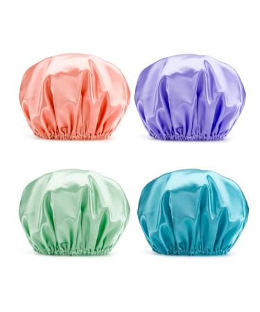 AmazerBath Shower Cap, 4-Pack Shower Caps for Women, Double Waterproof Layers Bathing Shower Hat Hair Protection EVA Shower Caps Reusable, Large Size Large Green- Purple- Pinkish-orange- Blue