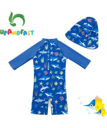 UPF 50+ Baby Boy Swimwear Set with Sun Hat | Blue Shark One Piece Zip Swimsuit 6-9 Months - Buy Online on GoSupps.com