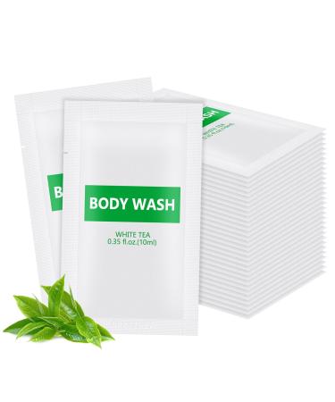 30 pack Travel Size Body Wash Bulk Individually Wrapped - Refreshing Mini Shower Gel Single Use Supplies for Homeless Care Hotel Guests White Tea Scent 0.35 fl oz/10ml 0.35 Fl Oz (Pack of 30)