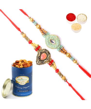 Ghasitaram Gifts Rakhi for Brother Rakhis Online - Set of 2 8469 8487 Premium Rakhis with 100 GMS of Dryfruits Mix Can