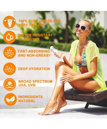 Beef Tallow Sunscreen with Zinc Oxide: Mineral Sunscreen SPF 50 Organic Natural Sun screen-Non Greasy Formula No White Cast Beef Tallow Sunblock for Sensitive Skin- Water-Resistant-2.82 oz (80g) - Buy Online on GoSupps.com