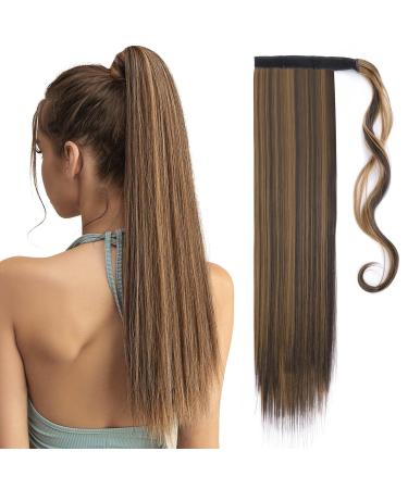 SEGOHAIR Wrap Around Ponytail Extension Synthetic Hair Extensions Clip in Long Straight Hair Extension Ponytail 23 Inches Dark Brown with Sandy Blonde Hair Extensions Fluffy Pony Ponytail for Women 23inch T458