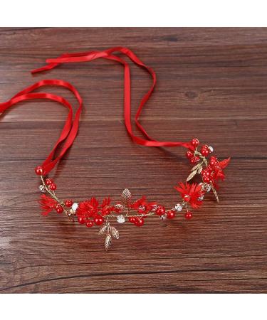Amosfun Elegant Red Flower Wedding Bridal Headband - Handmade Crystal Ribbon Headdress for Bride Bridesmaid - Buy Online on GoSupps.com