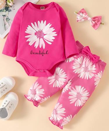 Koonde Baby Girl Clothes 3-Piece Outfit Set 3-6 Months, Bright Pink | Newborn to 24 Months Romper, Trouser & Headband - Buy Online on GoSupps.com