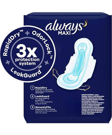 Always Maxi Feminine Pads Size 5 Extra Heavy Overnight Absorbency 108 Count (3 Packs of 36) - Unscented with Wings - Buy Online on GoSupps.com