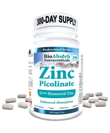 Zinc Picolinate Supplement 25mg Elemental Zinc 300-Day Supply Enhanced Absorption Vegan Non-GMO (300 Veggie Caps)