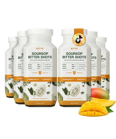 bitte Immune + Energy Soursop Shots 6 Pack Ready to Drink Mango Soursop with Zinc Ginseng Guarana & Turmeric 24-Hour Support Ritual Clean Formula Glass Bottle 96 fl oz Total 16 Fl Oz (Pack of 6)