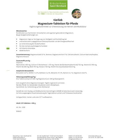 Sanct Bernhard Tierlieb Magnesium Tablets for Horses | Nerve & Muscle Support Supplement | 170 Tablets - Buy Internationally - Buy Online on GoSupps.com