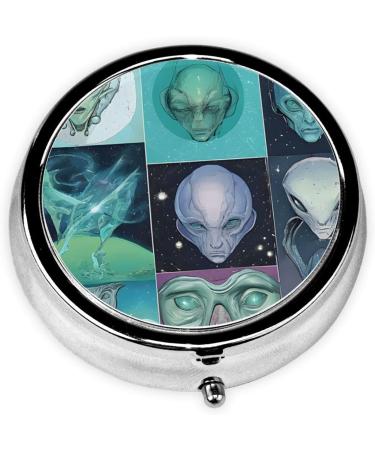 Green Alien Round Pill Box - 3 Compartment Mini Travel Organizer for Vitamins & Medicine - Portable Decorative Pocket Case - Buy Online on GoSupps.com