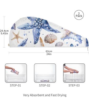 Colored Starfish Shells Hair Towel 2 Pack | Super Absorbent Quick Dry Turbans for Women & Girls - Buy Online on GoSupps.com