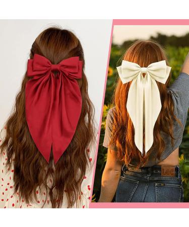 DHWEKU 3 Pieces Hair Clips with Big Bow Soft Silky Satin Hair Clip Long Tail French Ribbon Hairpins 90s Bowknot Clip for Party Christmas Women Girls - Buy Online on GoSupps.com