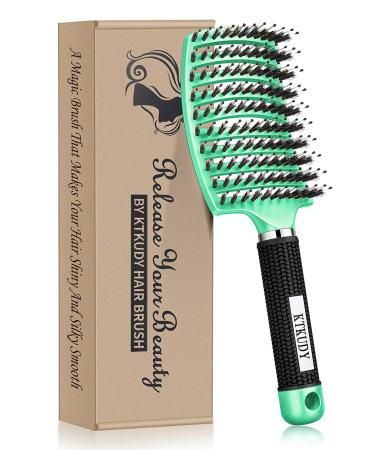 KTKUDY Detangling Brush Boar Bristles Hair Brush Make Hair Shiny & Healthier Curved and Vented Detangler Brush for Women Men Kids Wet and Dry Hair (Light green)