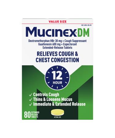 Mucinex DM 12Hr Chest Congestion & Cough Medicine for Adults Cold and Cough Medicine for Excess Mucus Relief 600 mg Guaifenesin & 30 mg Dextromethorphan HBr 80 Bi-Layer Tablets