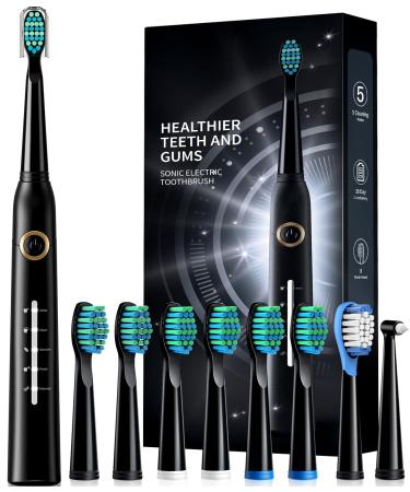 Electric Toothbrush Sonic Toothbrushes with 8 Brush Heads 40000 VPM 5 Modes Sonic Toothbrushes Fast Charge 4 Hours Last 30 Days Rechargeable Electric Toothbrush for Adult (Black)
