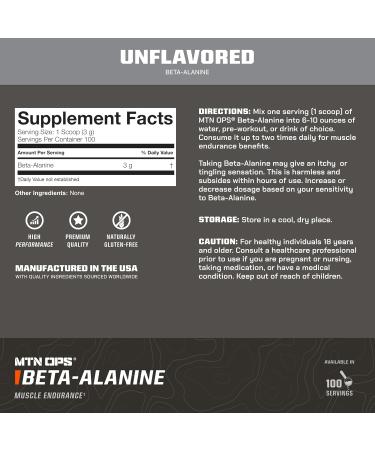 MTN OPS Beta Alanine Powder Pre Workout for Muscle Endurance & Strength 3g of Beta Alanine per Serving Unflavored 100 Servings - Buy Online on GoSupps.com