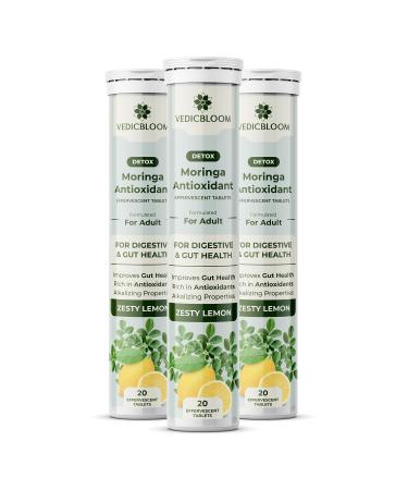 VEDICBLOOM Moringa Antioxidant Effervescent Tablets 60 Tablets Zesty Lemon Flavour Digestive and Gut Support Natural Detox Rich in Antioxidants and Vitamin C (Pack of 3)