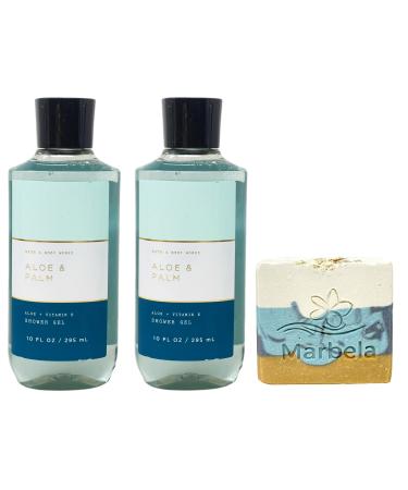 Bath & Body Works Aloe & Palm 2 Pack Shower Gel Bundle with a Sea Breeze Bar Soap - Full Size