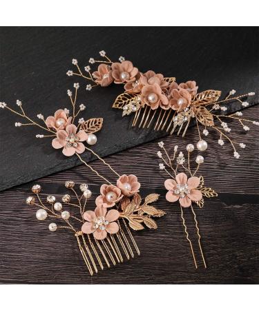 Rose Gold Wedding Hair Comb Set - Pearl Crystal Bridal Accessories for Women and Bridesmaids - Pink Flower Rhinestone Head Pieces - Buy Online on GoSupps.com