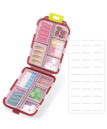 1 Pack Travel Pill Organizer with Lables Cute Small 10 Grid Compartments Pocket Pharmacy for Purse Vitamin Fish Oil Pill Box - Portable Mini Daily Weekly 7 Day Medication Organizer (Brown)