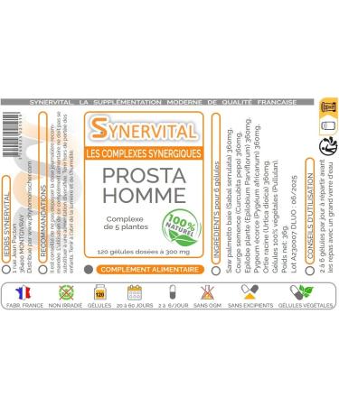Prosta Homme Synervital 120 Capsules of 300 mg Plant Complex for Prostate Urinary Comfort Sabal Squash Epilobe Pygeum Nettle Food Supplement Made in France - Buy Online on GoSupps.com