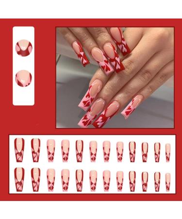 Justotry 24 Pcs Long False Nails with Pink Heart & Red French Design - Pretty Ballerina Stick on Nails for Women | Acrylic Coffin Fake Nails Medium with Glue for Nail Art - Buy Online on GoSupps.com