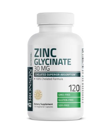 Bronson Zinc Glycinate 30mg Chelated Superior Absorption 100% Chelated Formula Non-GMO 120 Vegetarian Capsules 120 Count (Pack of 1)