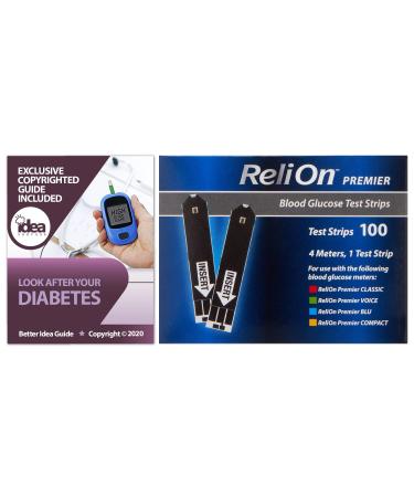 ReliOn Premier Blood Glucose Test Strips 100Ct Bundle with Exclusive "Look After Your Diabetes" - Better Idea Guide (2 Items)
