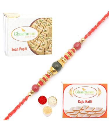 Ghasitaram Gifts Rakhi for Brother Rakhis Online - 6976 Fancy Thread Rakhi with 200 GMS of Kaju katli and 200 GMS of Soan Papdi Rakhi with 200 GMS of Kaju katli and Soan Papdi
