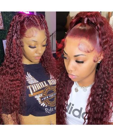Burgundy Lace Front Human Hair Wig for Black Women - 24 Inch Deep Wave 99J Color, 13x4 Transparent Lace Frontal, Glueless Wet and Wavy Curly Wig, Pre Plucked Brazilian Virgin Hair - 180% Density - Buy Online on GoSupps.com
