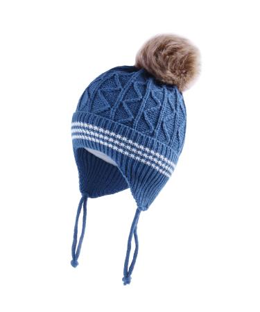 LANGZHEN Toddler Kids Infant Winter Hat Earflap Knit Warm Cap Fleece Lined Beanie for Baby Boys Girls 1-2 Years Blue-Pompon