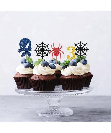 Spider Boy 3rd Birthday Cupcake Toppers Blue&Red Glitter Spider Three Cupcake Decor Happy 3rd Birthday Cake Decorations for Boy's Birthday Cartoon Themed Birthday Party Supplies - 24pcs - Buy Online on GoSupps.com