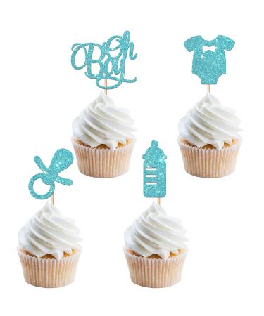 24Pcs Oh Baby Boy Cupcake Topper Glitter Baby Suit / Rubber Nipple / Feeding Bottle Cupcake Picks Gender Reveal Party Welcome Baby Boy / It's a Boy for Baby Shower Boys Birthday Party Supplies Blue