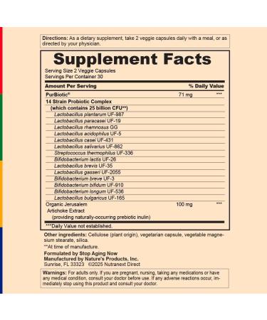 Stop Aging Now - Probiotics for Men and Women - 25 Billion CFU - 60 Vegetarian Capsules - with Prebiotics - Buy Online on GoSupps.com