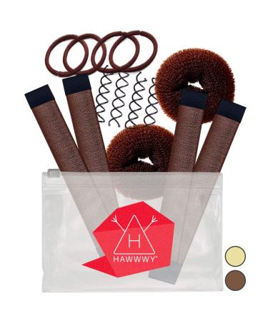 Hawwwy 12-piece Hair Bun Maker, Easy & Fast Small Bun Tool Best Sellers Kit Short or Thin Hair Women Girls Kids Toddler Perfect Ballet Sock Accessory Brown(2 Donuts +2 Magic Snap Roll +4 Spin Pins)