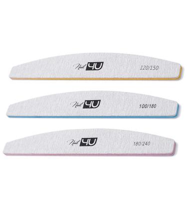 Set of 3 Nail Files Half Moon Professional Emery Boards for False Nails Acrylic Gel Tips Manicure tools by Nail4U Double sided Nail File Different Gradation 120/150 100/180 180/240 Grit