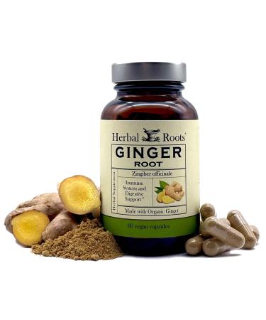 Herbal Roots Organic Pure Ginger Root Capsules - Digestive aid, Immune Support - Made in USA - 60 Vegan Capsules