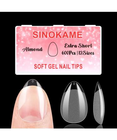 SINOKAME 600pcs Extra Short Almond Soft Gel Nail Tips, Improved Edition XS  Small Almond Full Cover