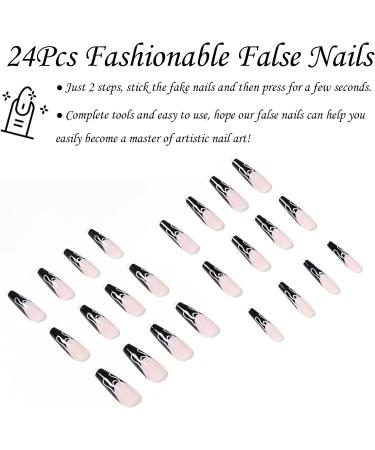 Coffin False Nails Long 24Pcs Black French Fake Nails with Flame Design - Nail Glue Included | Ballerina Stick-on Nail Art for Women and Girls - Buy Online on GoSupps.com