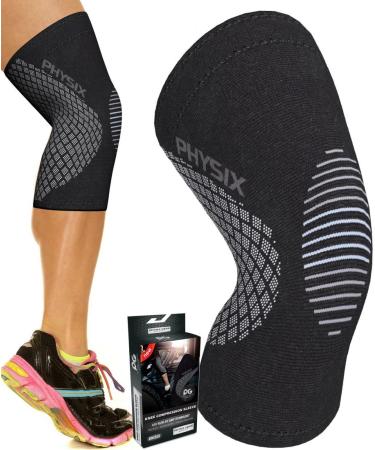 Physix Gear Sport Knee Support Brace - Best No-Slip Knee Braces for Knee Pain Women & Men, Compression Knee Sleeves for Running Workout Walking Hiking Sports Arthritis ACL Torn Meniscus Medium | 17"-19.5" Black/Grey (Single)