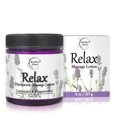 Relax Therapeutic Massage Lotion  All Natural Enriched with Lavender & Peppermint Essential Oils Perfect for Massage Therapy - Massage Cream for Full Body Massage - Brookethorne Naturals 8oz