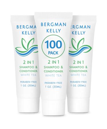 BERGMAN KELLY Travel Size Shampoo & Conditioner 2 in 1 (1 Fl Oz, 100 PK, White Tea), Delight Your Guests with Revitalizing and Refreshing Shampoo Amenities, Quality Small Size Hotel Toiletries in Bulk 1 Ounce (Pack of 100) C. 100 Pack