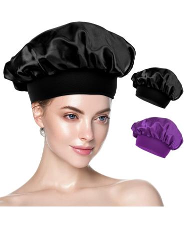 Silk Bonnet silk hood for sleeping 2 pieces of hair made of silk hair wrap sleeping caps for women and girls (black violet) black & violet
