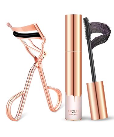 Silicone Eyelash Curler & 4D Silk Fiber Lash Mascara Set | Waterproof Long-Lasting Natural Thickening | Refill Pads & Satin Pouch Included - Gold - Buy Online on GoSupps.com