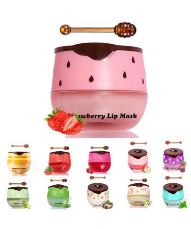 Bee Lip Balm Honey Pot Propolis Moisturizing Sleeping Lip Mask Overnight with Stick Long-lasting Hydrating Lip Exfoliator Lip Care Balm Gifts for Women (Strawberry)