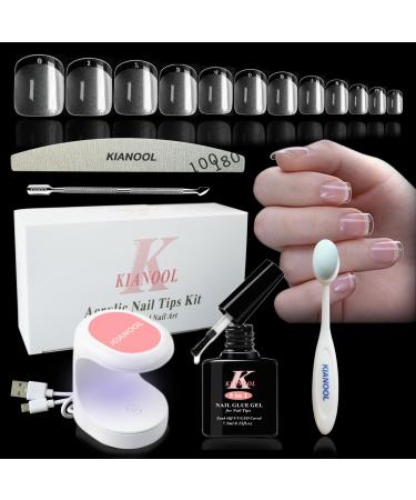 Nail tips short and glue gel kit 552pcs gel x nail tips square with 5 in 1 nail glue gel acrylic nail set mini UV nail lamp and nail brush full cover soft gel tip nails gel nails for beginners UV-kit-552square