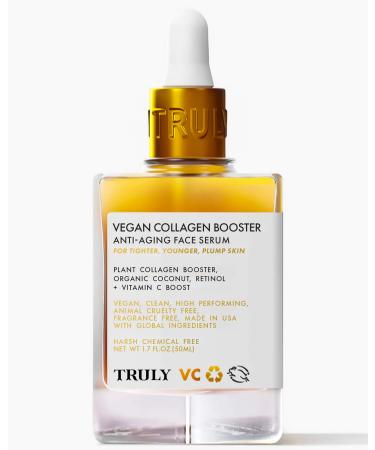 Truly Beauty Vegan Collagen Booster Anti-Aging Serum with Retinol Vitamin C and Organic Coconut Collagen Serum for Face Tightens Loose Skin Fade Age Spots and Discoloration 1.7 Fl Oz. Vegan Collagen Booster Serum