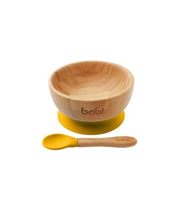 Babi Baby Toddler Large Bowl & Matching Spoon Set Natural Bamboo with Stay Put Silicone Suction Ring (Yellow)